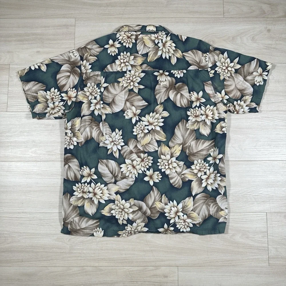 Chaps Ralph Lauren Shirt Mens Large Camp Loop Collar Floral Cotton Vintage Green